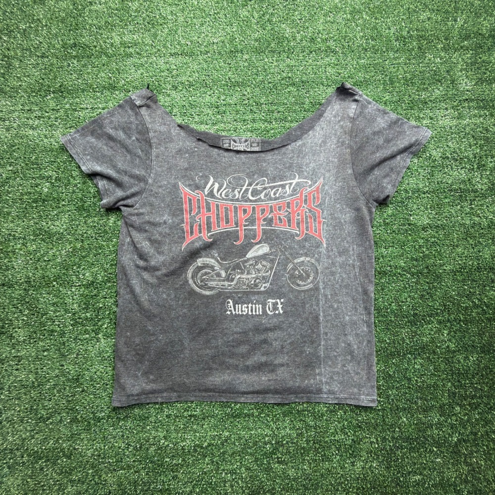 West Coast Choppers Austin TX Graphic T-Shirt Acid Wash Raw Neck Gray Mens L